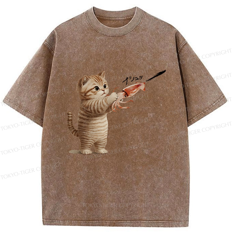 Tokyo-Tiger Funny Cat Shoots Squid Ink Washed T-Shirt