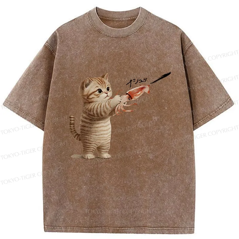 Tokyo-Tiger Funny Cat Shoots Squid Ink Washed T-Shirt