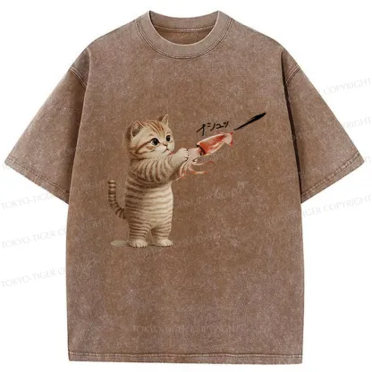 Tokyo-Tiger Funny Cat Shoots Squid Ink Washed T-Shirt