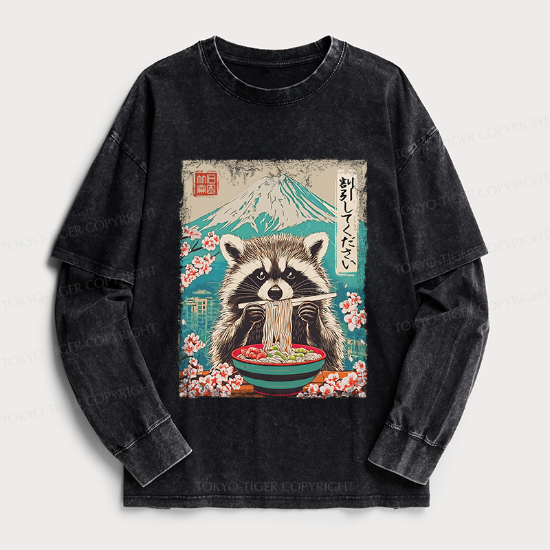 Tokyo-Tiger Please Give Raccoon A Discount Washed Double Layer T-Shirt