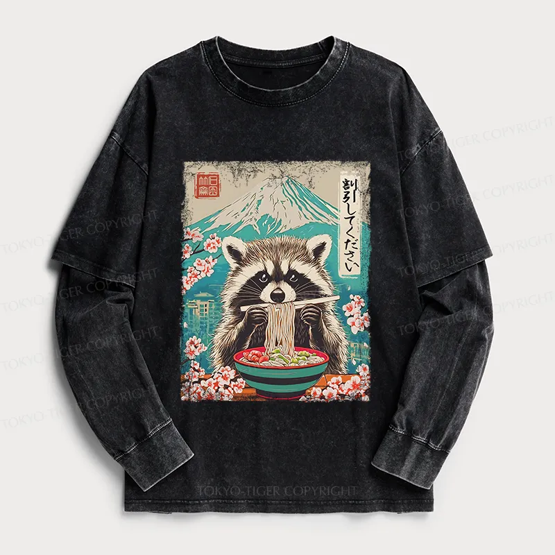 Tokyo-Tiger Please Give Raccoon A Discount Washed Double Layer T-Shirt
