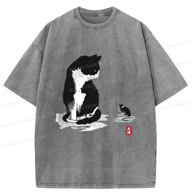 Tokyo-Tiger Cat And Mouse Friendship Washed T-Shirt