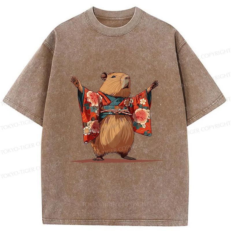 Tokyo-Tiger Capybara In Kimono Washed T-Shirt