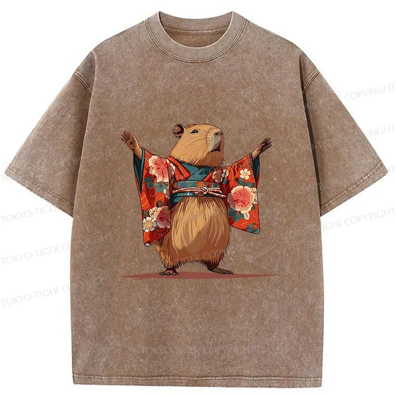 Tokyo-Tiger Capybara In Kimono Washed T-Shirt