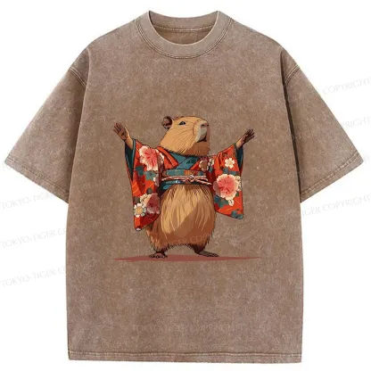 Tokyo-Tiger Capybara In Kimono Washed T-Shirt