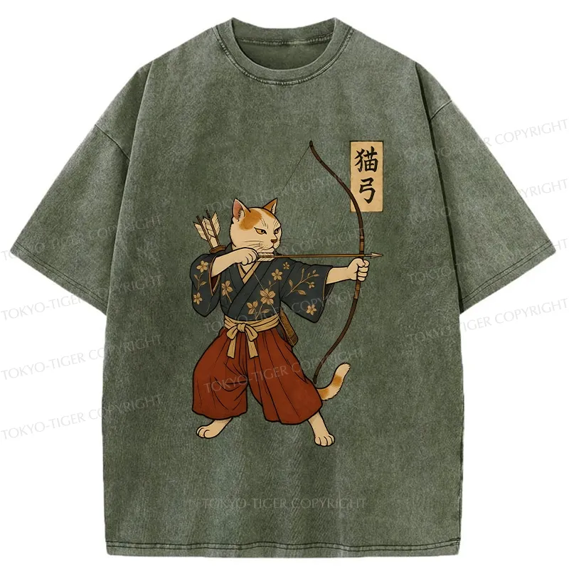 Tokyo-Tiger Japanese Cat Archery Washed T-Shirt