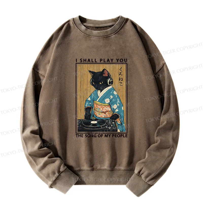 Tokyo-Tiger Funny Playing Music Black Cat Washed Sweatshirt
