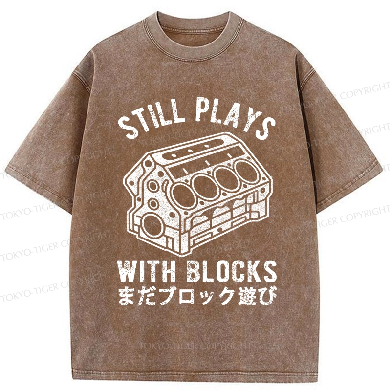 Tokyo-Tiger Funny Still Plays With Blocks Washed T-Shirt
