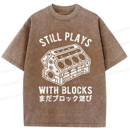 Tokyo-Tiger Funny Still Plays With Blocks Washed T-Shirt