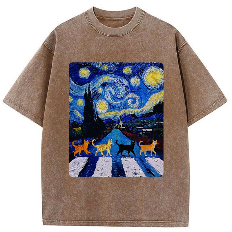 Tokyo-Tiger Starry Night Cat Washed T-Shirt