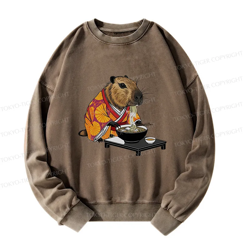 Tokyo-Tiger Cute Capybara Eating Ramen Washed Sweatshirt