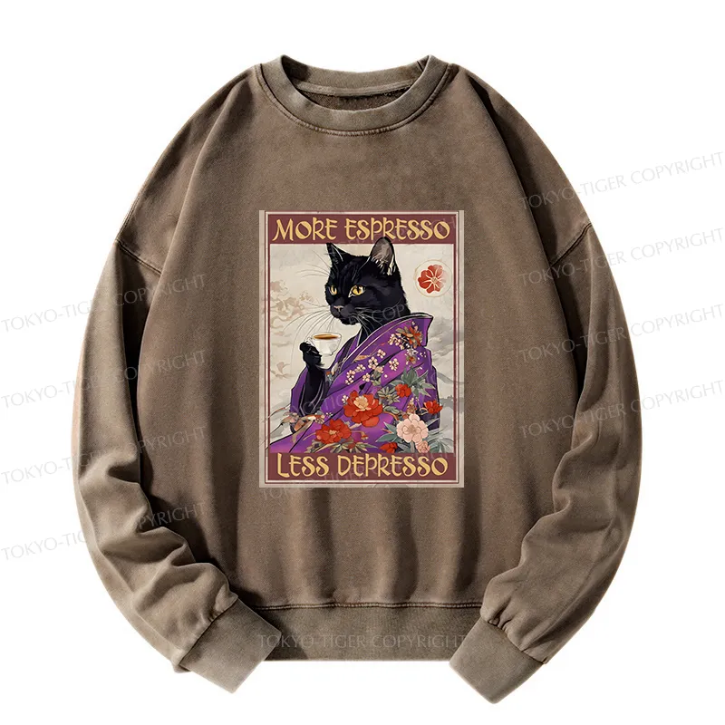 Tokyo-Tiger Japanese Cat Drinking Coffee Washed Sweatshirt
