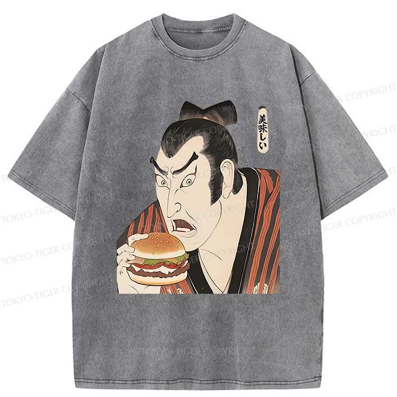 Tokyo-Tiger Japanese People Eating Hamburger Washed T-Shirt