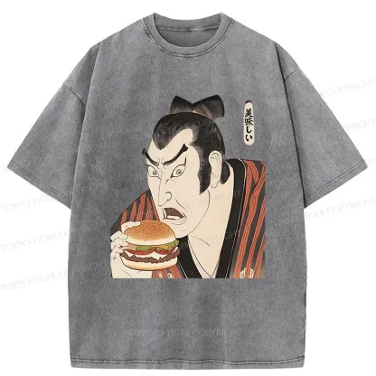 Tokyo-Tiger Japanese People Eating Hamburger Washed T-Shirt