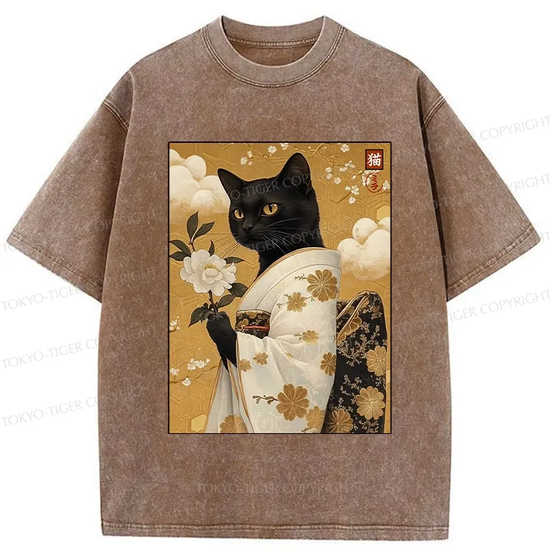 Tokyo-Tiger Retro Black Cat Holding A Flower Washed T-Shirt