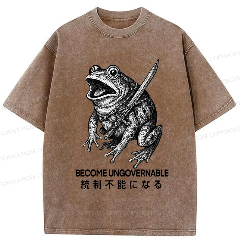 Tokyo-Tiger Frog Carrying A Samurai Sword Washed T-Shirt