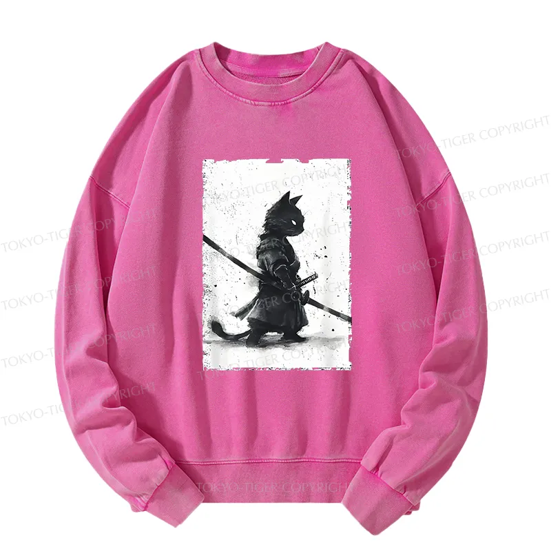 Tokyo-Tiger Retro Cat Samurai Japanese Washed Sweatshirt