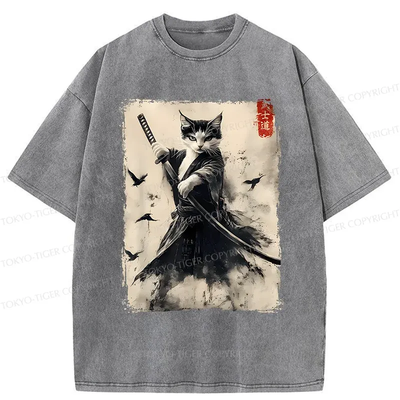 Tokyo-Tiger Retro Cat Samurai Poster Washed T-Shirt