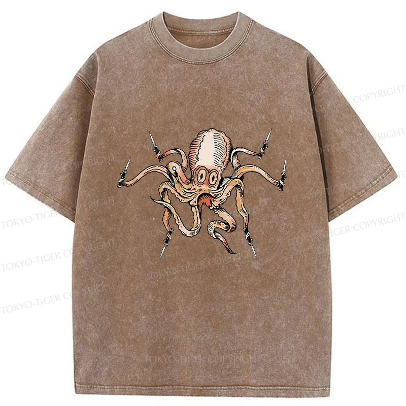 Tokyo-Tiger Octopus With Knife Washed T-Shirt