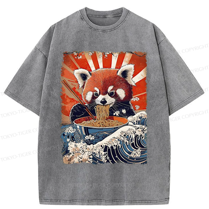 Tokyo-Tiger Red Panda Eating Ramen Washed T-Shirt