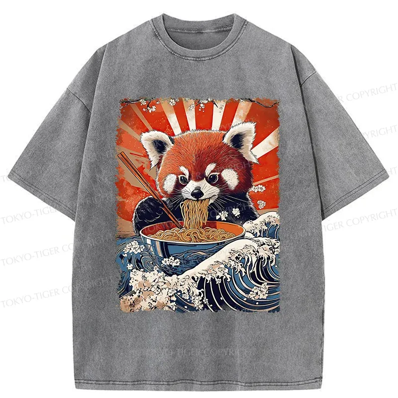 Tokyo-Tiger Red Panda Eating Ramen Washed T-Shirt