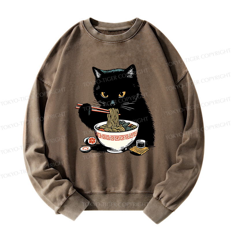 Tokyo-Tiger Cat Eating Favorite Ramen Washed Sweatshirt