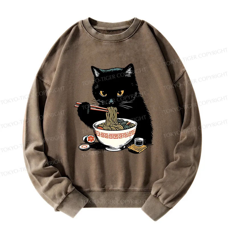 Tokyo-Tiger Cat Eating Favorite Ramen Washed Sweatshirt