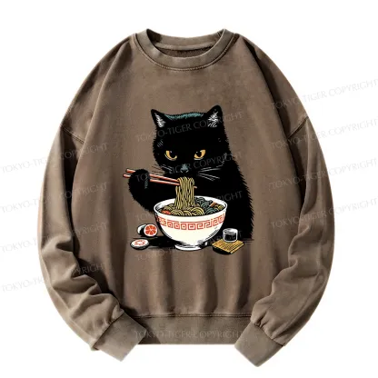 Tokyo-Tiger Cat Eating Favorite Ramen Washed Sweatshirt