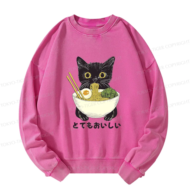 Tokyo-Tiger Ramen Lover Cute Cat Washed Sweatshirt
