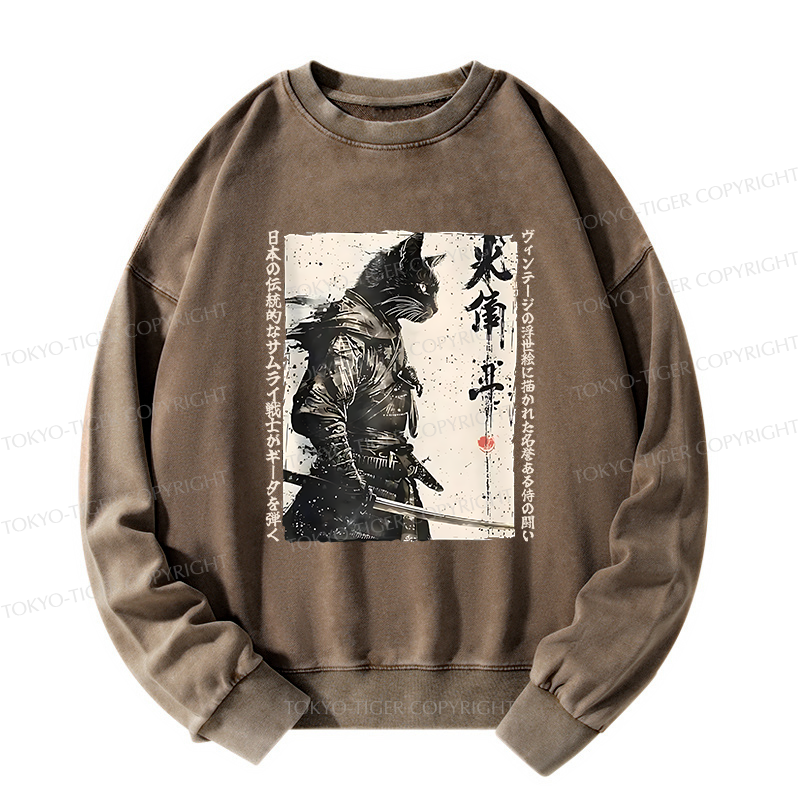 Tokyo-Tiger Cat Samurai Retro Washed Sweatshirt