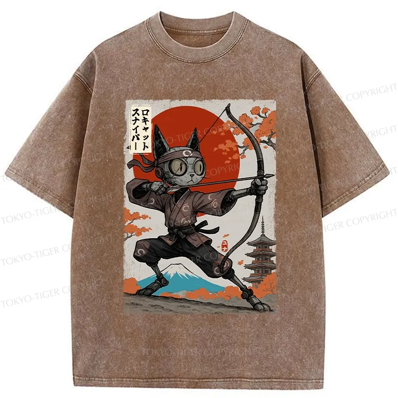 Tokyo-Tiger Japanese Robot Cat Archery Washed T-Shirt