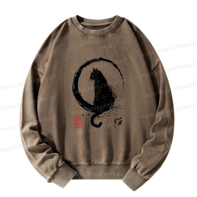 Tokyo-Tiger Retro Japanese Black Cat Washed Sweatshirt