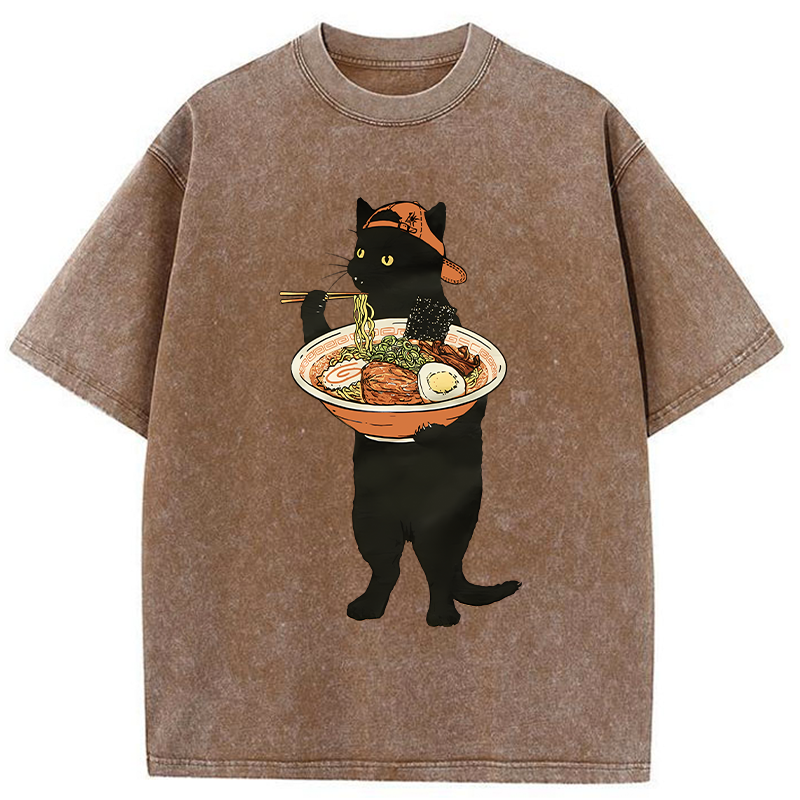 Tokyo-Tiger Ramen Enthusiast Cat Washed T-Shirt