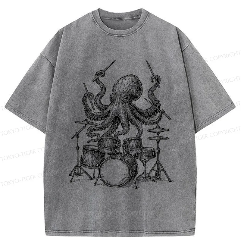 Tokyo-Tiger Octopus Drummer Washed T-Shirt