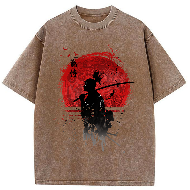 Tokyo-Tiger Japanese Blood Moon Samurai Washed T-Shirt