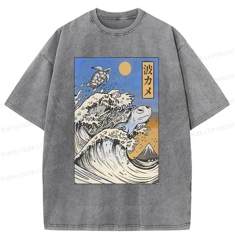 Tokyo-Tiger Surfing Turtle Washed T-Shirt