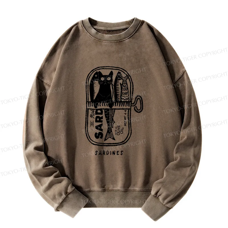 Tokyo-Tiger Cat Hiding In A Sardine Can Washed Sweatshirt