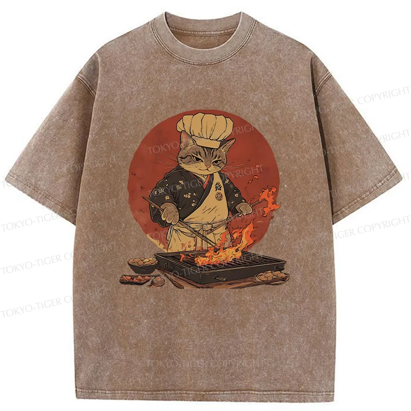 Tokyo-Tiger Cat Grill Chef Washed T-Shirt