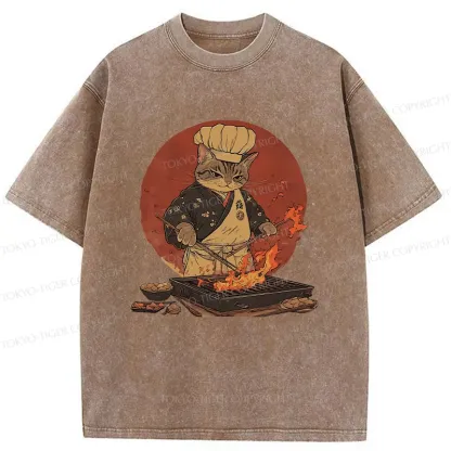 Tokyo-Tiger Cat Grill Chef Washed T-Shirt