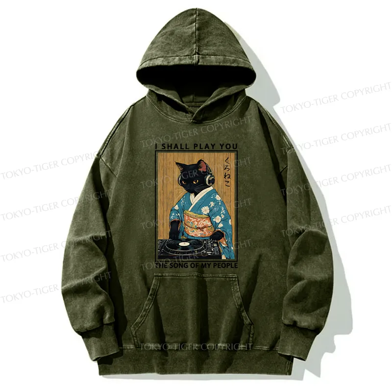 Tokyo-Tiger Funny Playing Music Black Cat Washed Hoodie