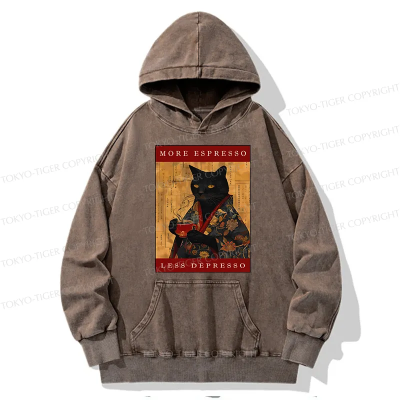 Tokyo-Tiger More Espresso Less Depresso Cat Washed Hoodie