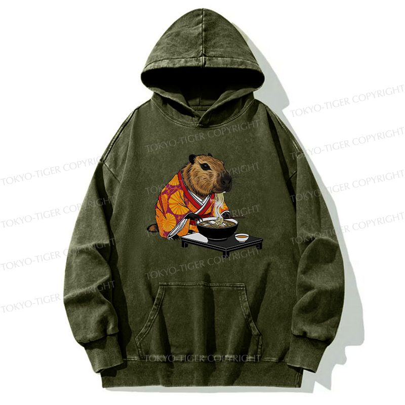Tokyo-Tiger Cute Capybara Eating Ramen Washed Hoodie