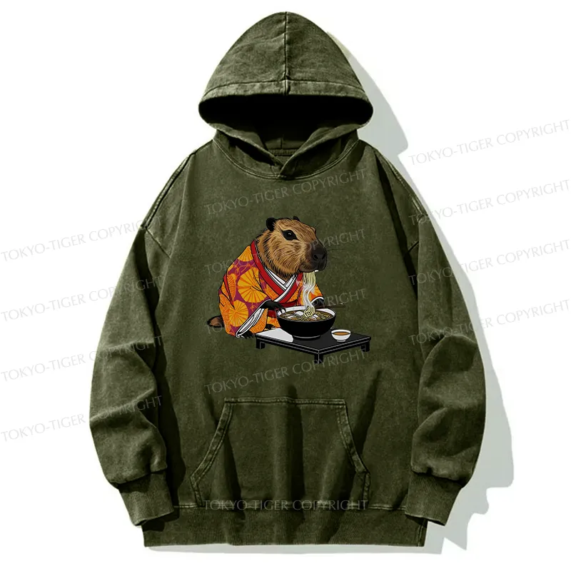 Tokyo-Tiger Cute Capybara Eating Ramen Washed Hoodie
