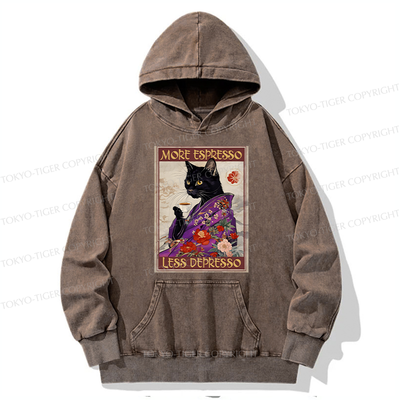 Tokyo-Tiger Japanese Cat Drinking Coffee Washed Hoodie