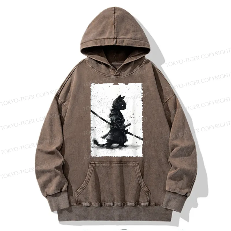 Tokyo-Tiger Retro Cat Samurai Japanese Washed Hoodie