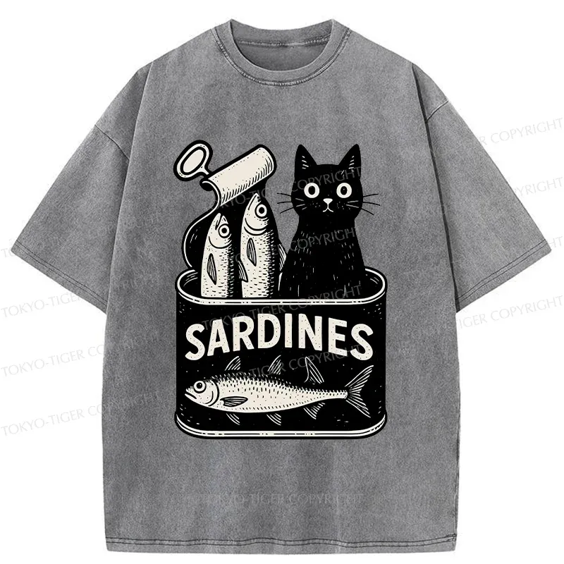 Tokyo-Tiger Cat And Canned Fish Washed T-Shirt