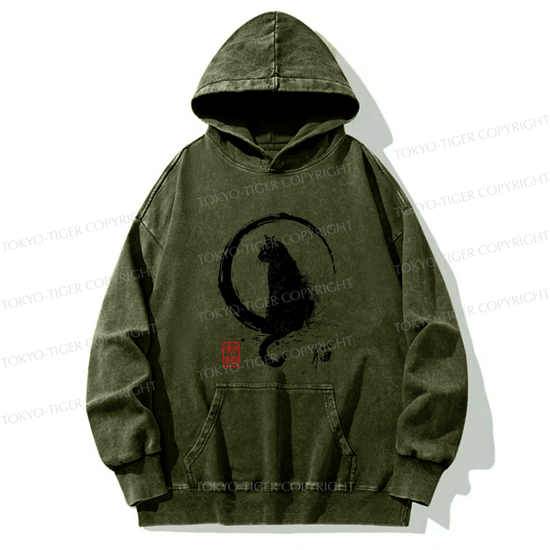 Tokyo-Tiger Retro Japanese Black Cat Washed Hoodie