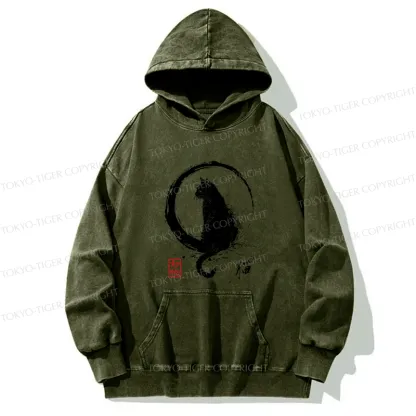 Tokyo-Tiger Retro Japanese Black Cat Washed Hoodie