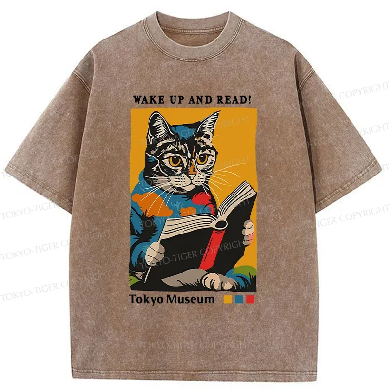 Tokyo-Tiger Cat Reading Washed T-Shirt