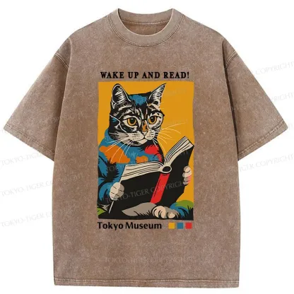 Tokyo-Tiger Cat Reading Washed T-Shirt